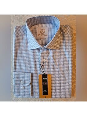 100% Cotton Blue Houndstooth Formal Button Down Shirt, 39, 15.5", M, Snover, NWT